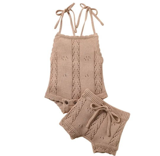 Knitted Laced-Up Backless Romper + Drawstring Shorts Baby Set